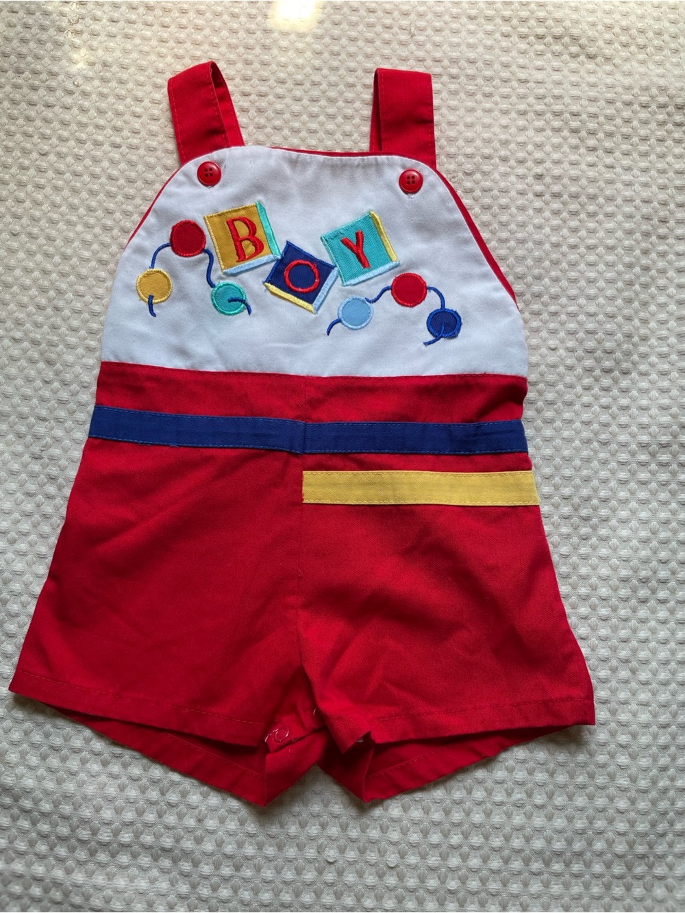 Vintage Red Boys' Embroidered Short Overalls with Playful Blocks